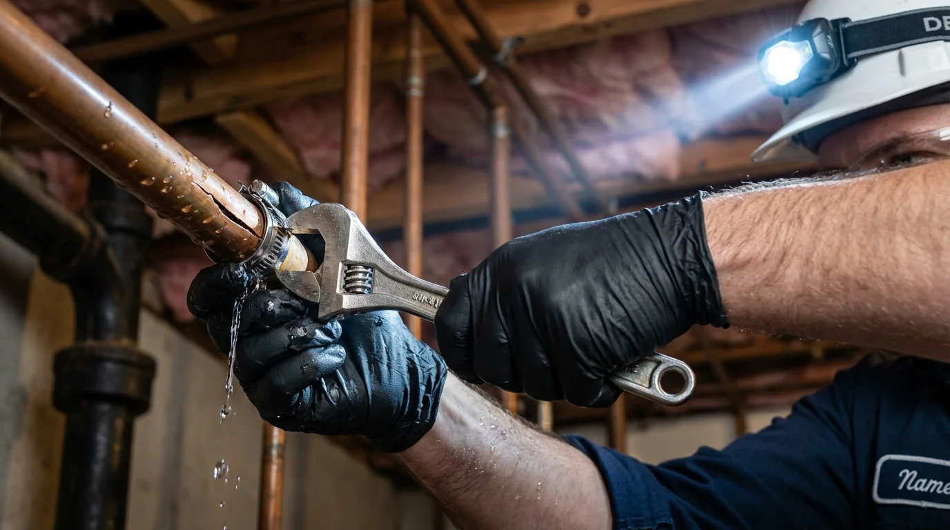 Emergency pipe clamp repair being performed by a Johns Plumbing LLC plumber in Beeville