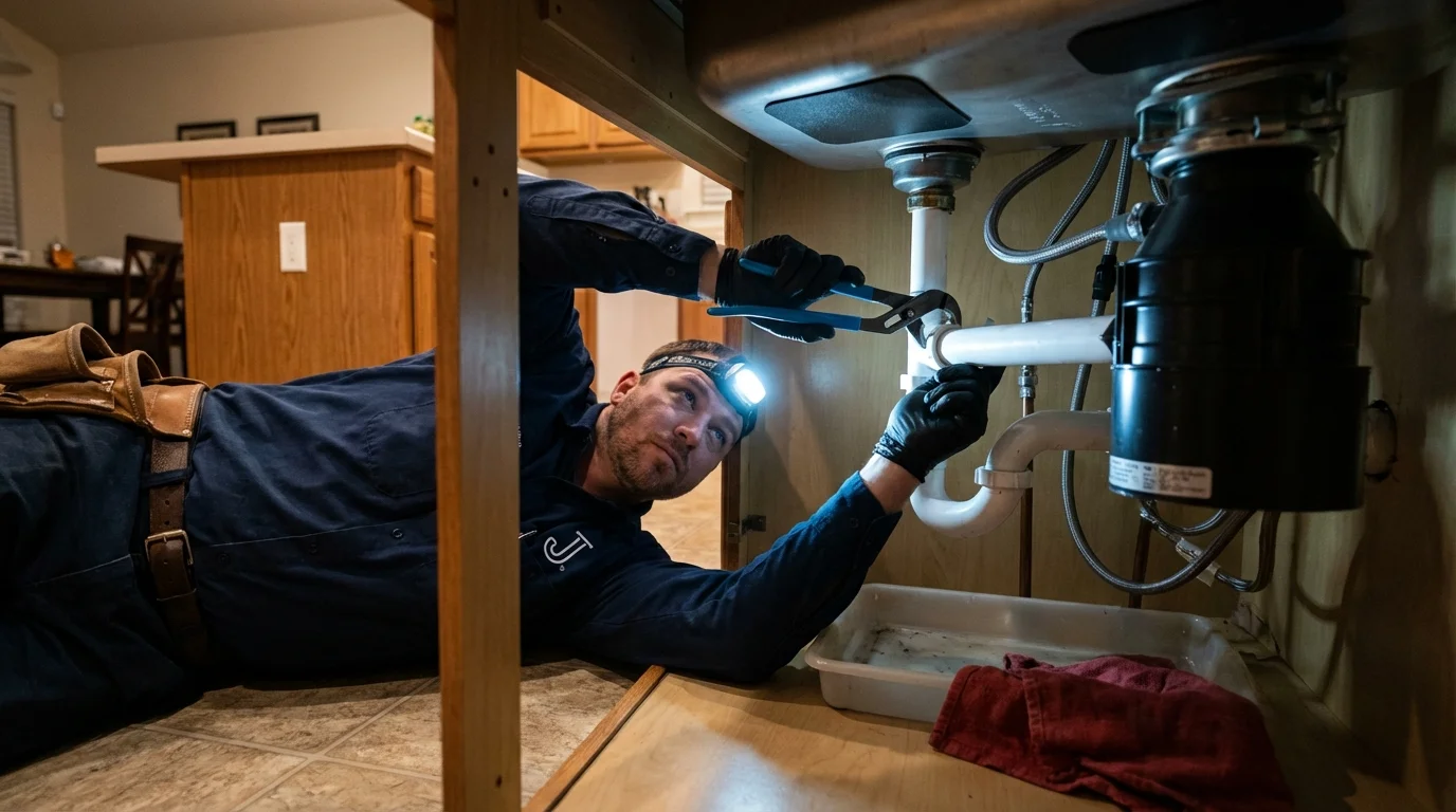 P-trap and supply line connections under a kitchen sink showing a common leak point in Beeville, TX
